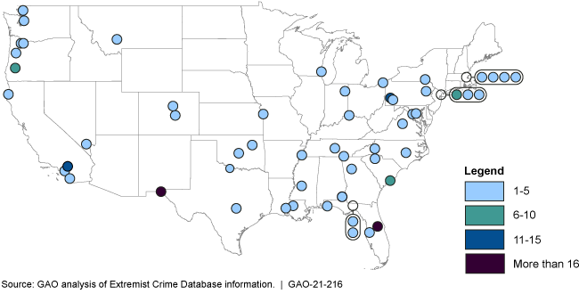 Map of the U.S. with dots indicating where 1-5, 6-10, 11-15, and 16+ deaths associated with domestic extremist attacks have occurred. 