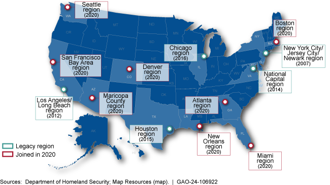 Map of the U.S. showing Security the Cities Program regions and dates when they joined. 