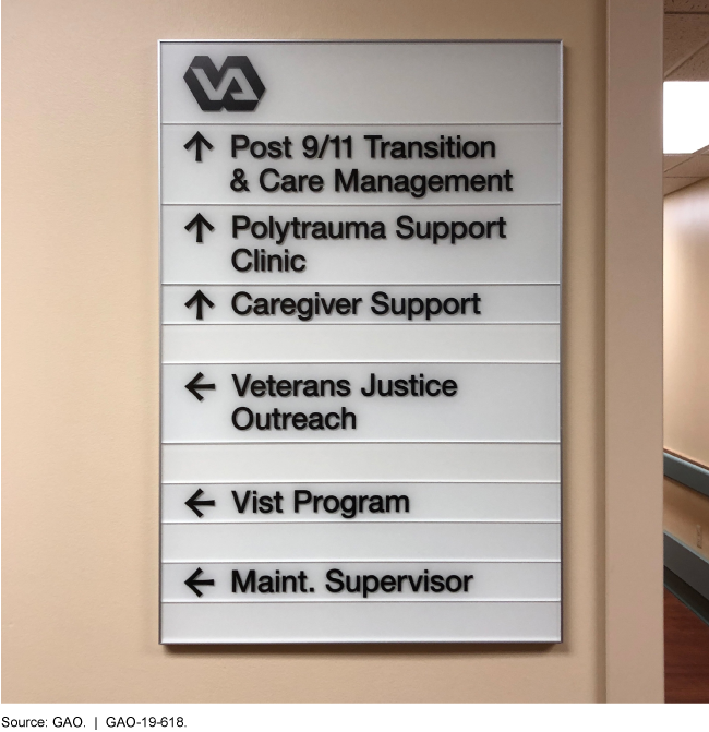 VA hallway sign directing people to Post 9/11 Transition & Care Management