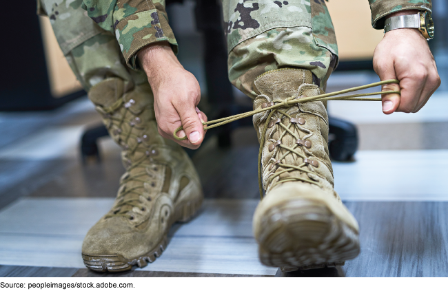 A soldier lacing up his boots. A soldier lacing up his boots.