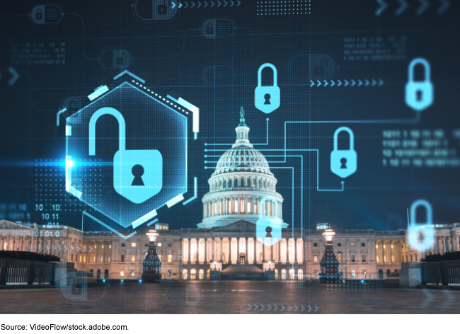 Blue padlocks and binary code superimposed over the U.S. Capitol