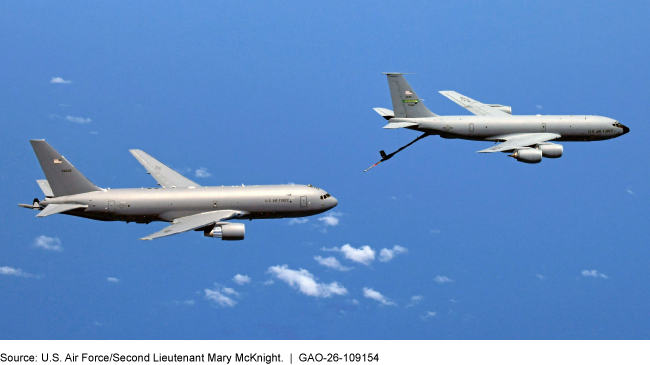 Two airplanes fly near each other in an almost cloudless blue sky. One has a tube for refueling sticking out near the tail. 