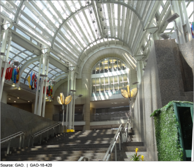 Photo looking up concrete staircase under a domed glass atrium 