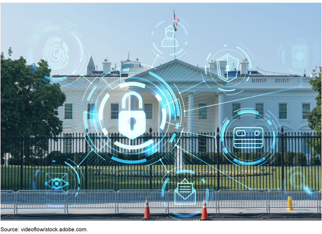 An image of a cybersecurity user interface imposed over a photograph of the White House 