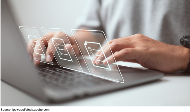 A person's hands typing on a laptop with an illustration of icons of checklists floating above the keyboard. 