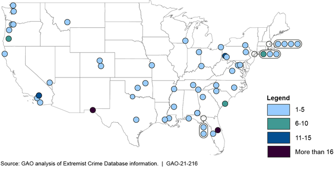 Figure: Location and Number of Deaths Associated with Domestic Extremist Attacks, 2010-2019