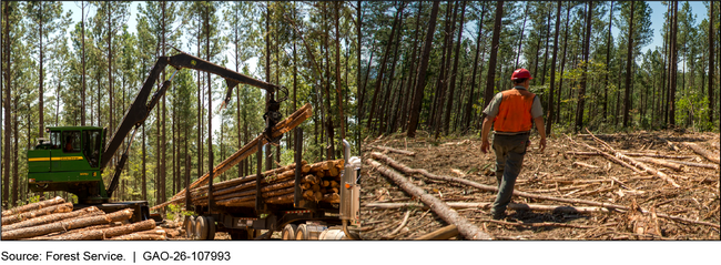 Timber Harvest Operations (left) and a Forest Service Official at the Site of a Timber Sale (right)
