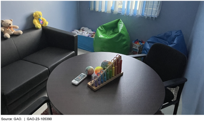A small room with blue painted walls with a table and chairs, beans bags, toys, and stuffed animals