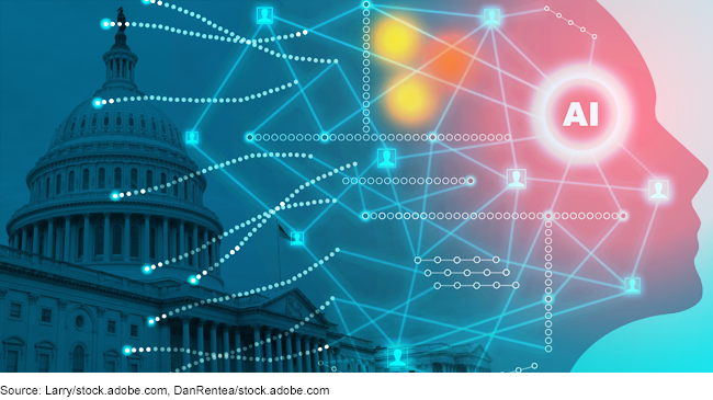 A graphic showing the capitol building and a representation of artificial intelligence