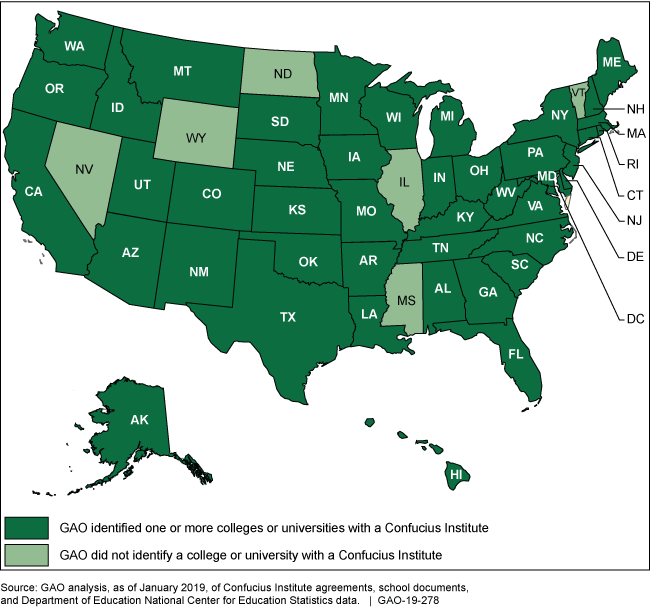 Shaded map showing 44 states and the District of Columbia where Confucius Institutes are located 