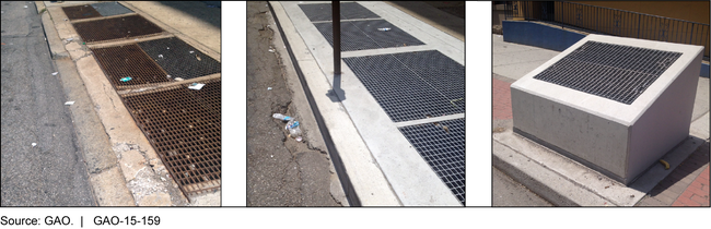 Deteriorated Curb Allowed Water to Flow in Subway (Left) and Raised Curb and Vent That Minimize Water Flow into Subway (Center and Right)