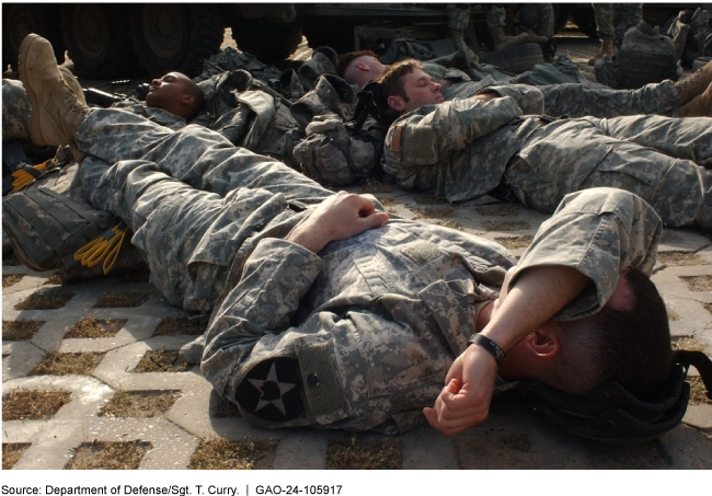 A group of military servicemembers in uniform sleeping on the ground. 