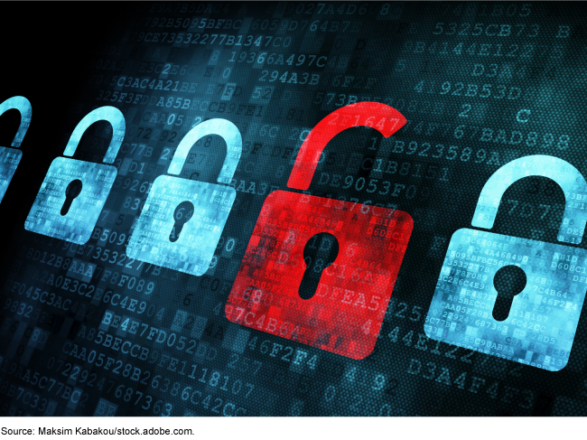 illustration of several closed illustrative padlocks next to an open one