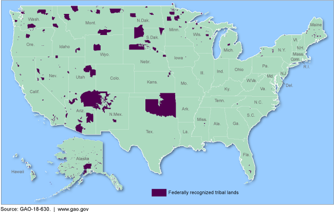 This visual is a U.S. map showing where federally recognized tribal lands are located in the 50 states.