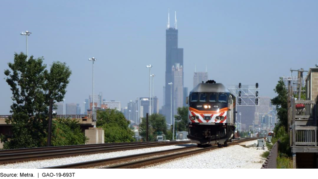 A train approaching a station with tall buildings in the background