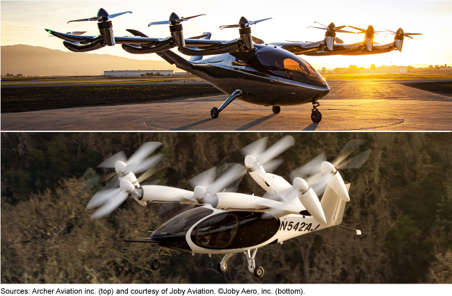 Two photos of aircraft--one on a runway and another in flight.