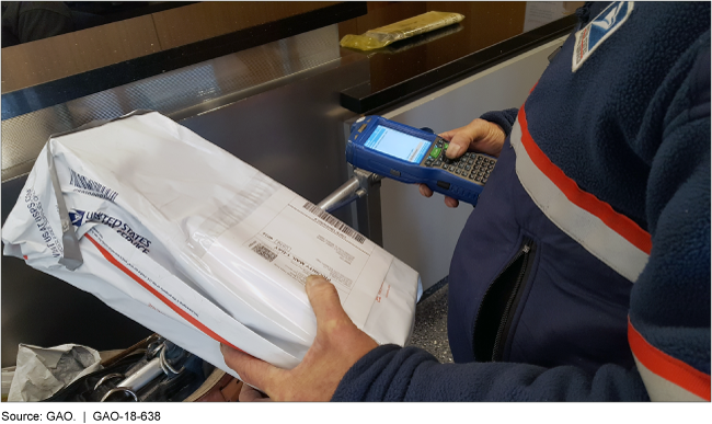 Photo of a USPS employee scanning a package using a handheld device.