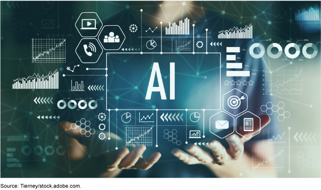 A person with their hands facing up, with several icons and infographic elements floating over the hands with the letters A and I in the middle of the image inside an outlined box. 