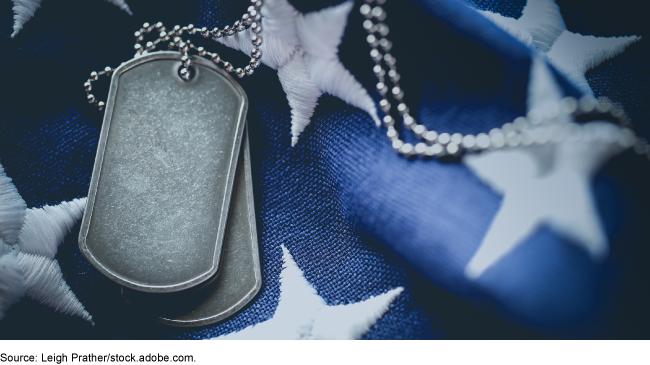 United States flag and military identification tags.