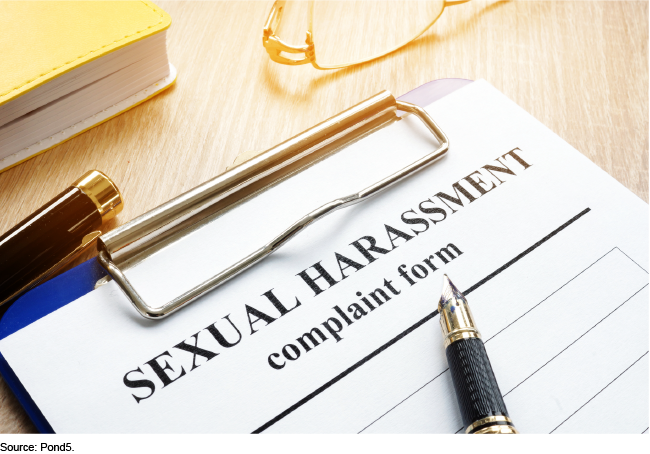 A notebook, pair of glasses, pen, and clipboard on a desk. The clipboard has a piece of paper that says Sexual Harassment complaint form on it.