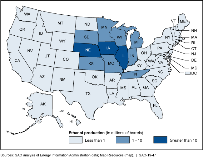 Map of the U.S. showing that Nebraska, Iowa, and Illinois produced the most ethanol.