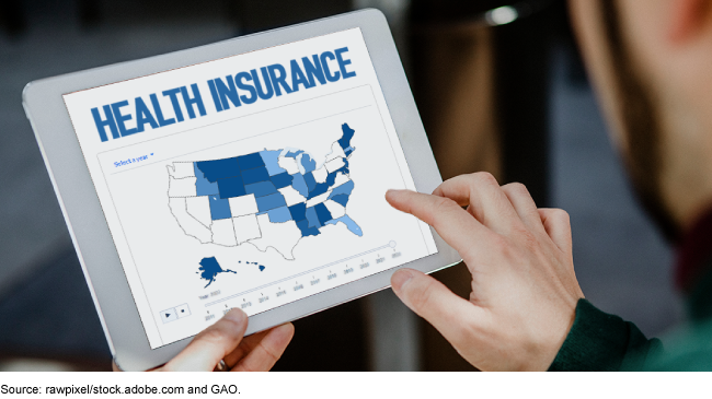Map of the United States on a tablet, with some states colored in various shades of blue. It says HEALTH INSURANCE above the map. Map of the United States on a tablet, with some states colored in various shades of blue. It says HEALTH INSURANCE above the map.