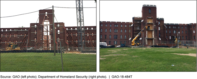 Progress of Center Building construction at St. Elizabeths campus from 2016 (left) to 2018 (right)