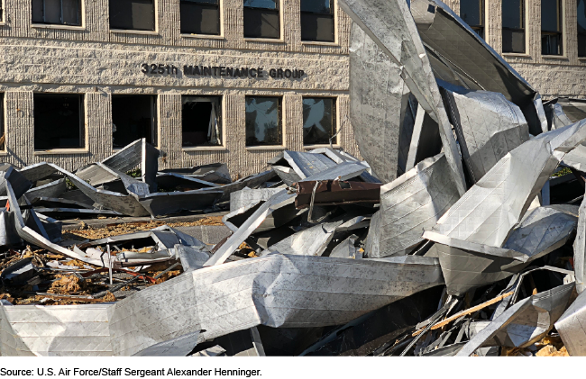 Piles of rubble and twisted metal sit in front of a building with broken windows. A sign on the building says 325th Maintenance Group.