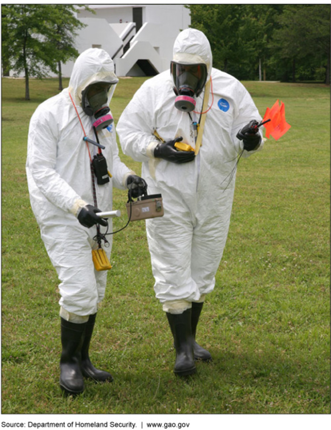 Photo of two people in gas masks, white coverups, and black boots carrying equipment and walking across a lawn