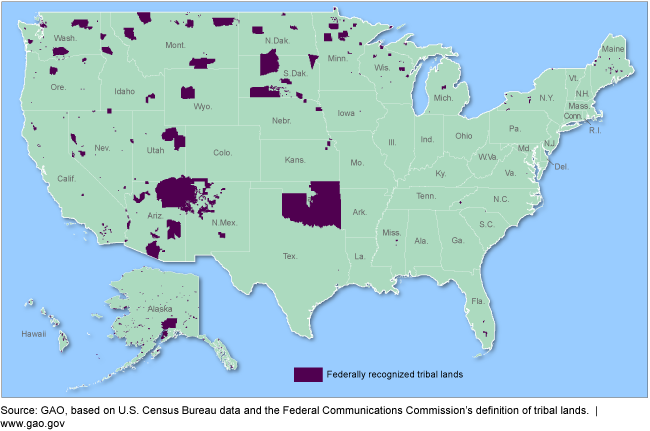 United States map showing areas of tribal land in many states