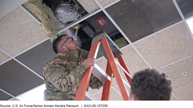 Airman on a ladder inspects equipment above ceiling tiles. Airman on a ladder inspects equipment above ceiling tiles.