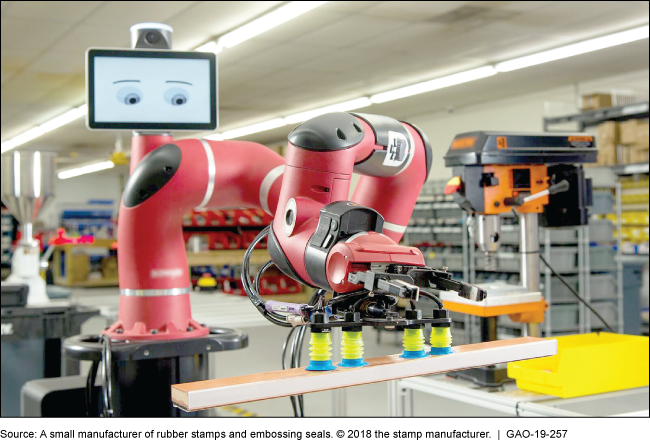 A robot arm lifts a piece of wood with suction cups. Its animated eyes watch from a screen above. 