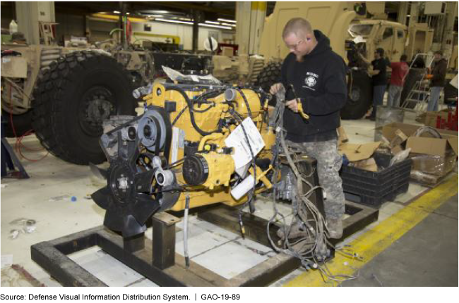 This photo shows a man working on a yellow engine with a large vehicle tire and other equipment behind him.