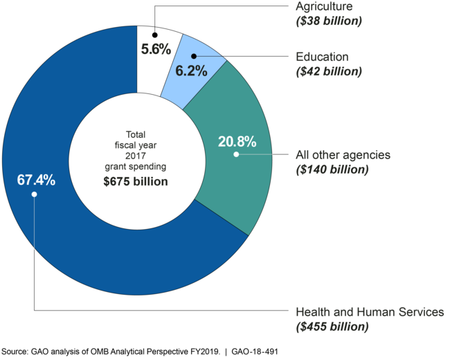 This graphic shows that Health and Human Services awarded 67.4% of federal grants, Education awarded 6.2% and Agriculture 5.6%.