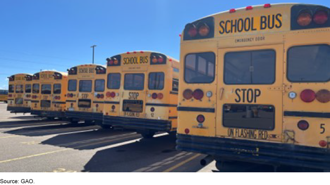 Several yellow school busses parked in a line. 