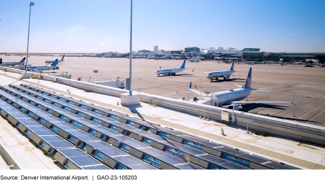 An image of solar panels at Denver International Airport extending into the distance. 