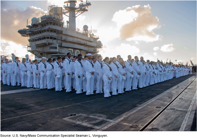 Navy service members in whites at sea