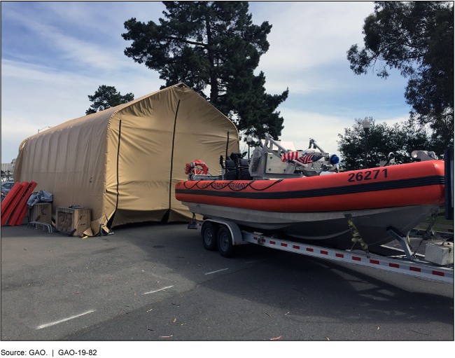 A small boat on a trailer in front of a canvas structure