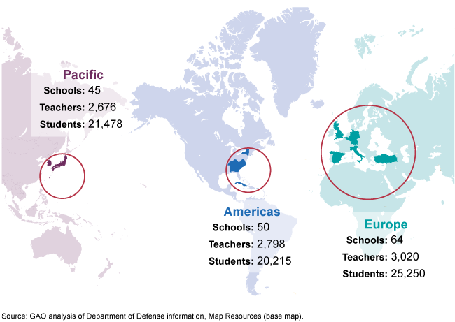 A map highlighting regions which contain DOD schools, including the Pacific, Americas, and Europe. 