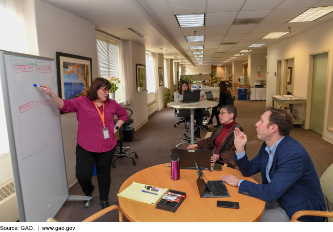 An open workspace with a woman at a white board with others discussing and people at nearby tables on laptops