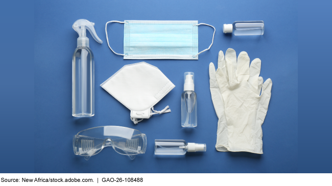 Flat lay composition with medical gloves, protective googles, masks, and hand sanitizer on blue background Flat lay composition with medical gloves, protective googles, masks, and hand sanitizer on blue background