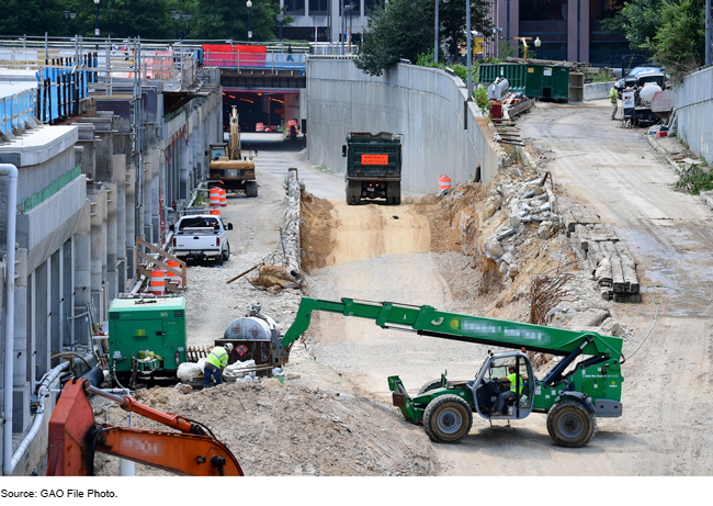 Several construction vehicles and workers building a new road.