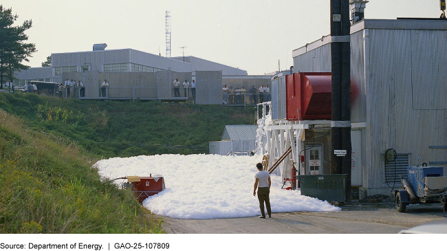 A person stands in a road in front of a flood of foam, while other people look on from a distance.