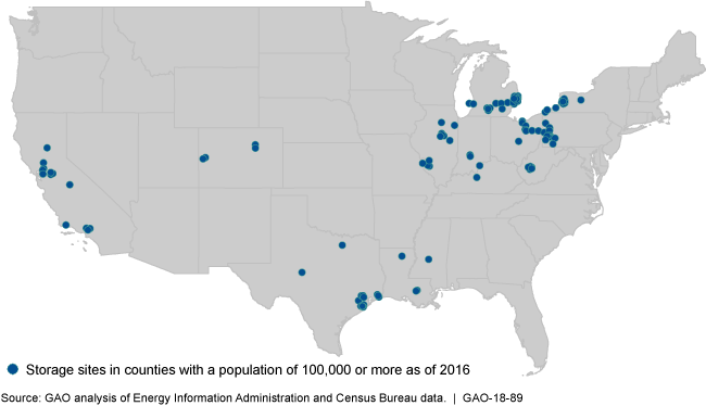 U.S. map showing sites primarily along the West and Gulf coasts, and in the Great Lakes region. 