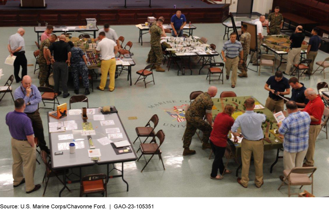 Photo of people, tables, and folding chairs in a large room