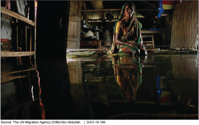 Woman sitting in flooded house in Bangladesh.