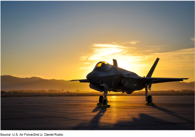 A F35 plane parked on the tarmac.