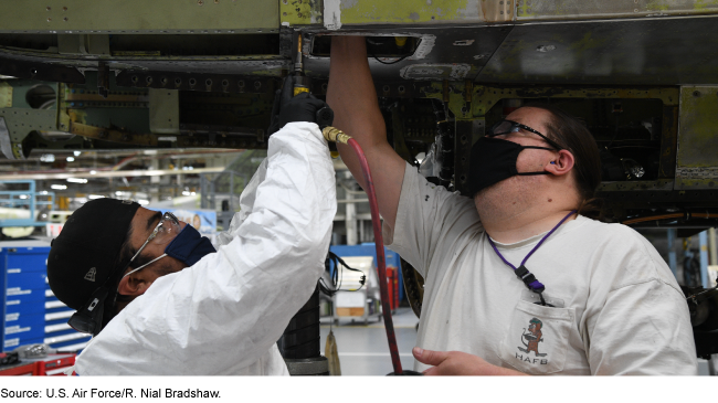 Masked civilian depot employees repairing an F-16 aircraft from below.