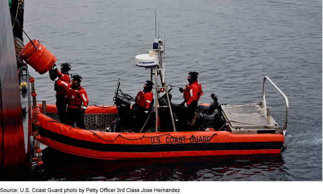 A U.S. Coast Guard boat moving equipment from a smaller boat to a larger boat.