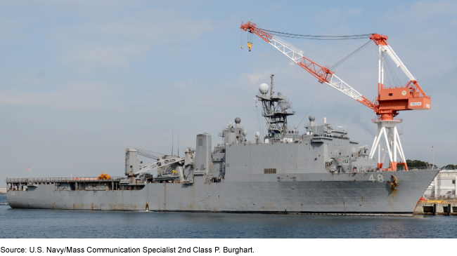 The USS Ashland, an amphibious dock landing ship, in Yokosuka, Japan. There is a large construction crane hovering above the ship.